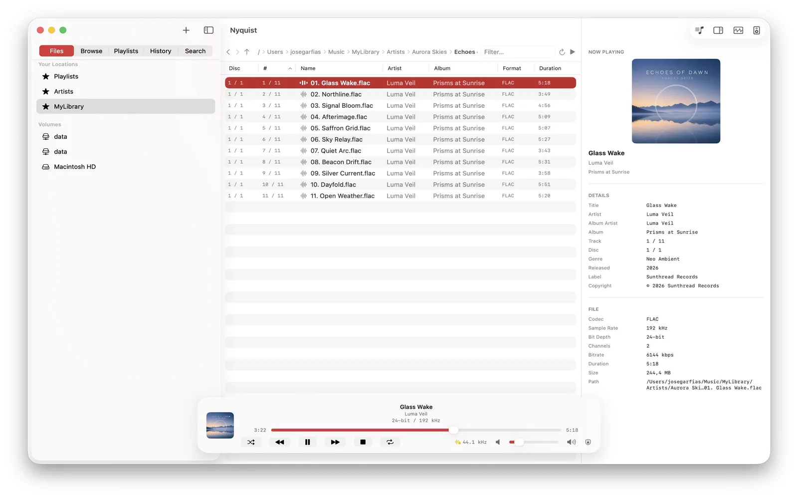 Nyquist on Mac browsing an album of FLAC files with sample-rate and duration columns.